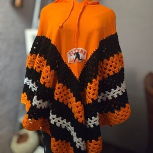 Orange and Black Hooded Crochet Poncho Sweater - Women